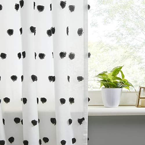 Intelligent Design Sophie Sheer Single Window Curtain Panel Clipped Pompom Embelished Privacy Drape with Rod Pocket for Bedroom, Livingroom, 50" x 84", Black