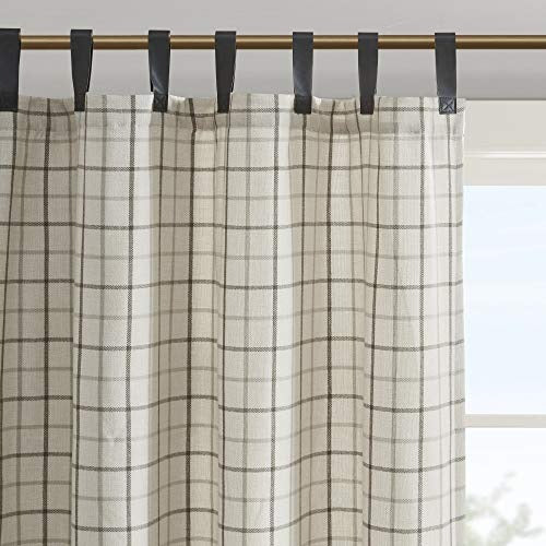 Madison Park Anaheim Cabin Plaid Curtain Single Window, Thermal Insulated Fleece Lining Living Room Decor Light Blocking Drape for Bedroom and Apartments, 50 in x 84 in, Faux Leather Tab, Natural