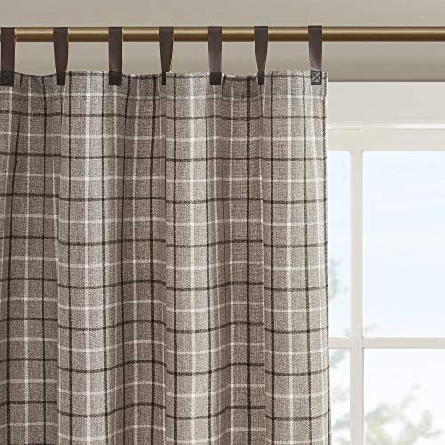 Madison Park Anaheim Cabin Plaid Curtain Single Window, Thermal Insulated Fleece Lining, Living Room Decor Light Blocking Drape for Bedroom and Apartments, 50" x 84", Faux Leather Tab, Brown