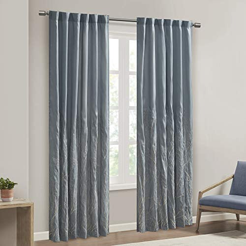 Madison Park Andorra Embroidered Back Tab Fabric Single Window Living Room, Transitional Rod Pocket Light Curtain for Bedroom, 1-Panel Pack, 50 x 84, Blue
