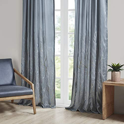 Madison Park Andorra Embroidered Back Tab Fabric Single Window Living Room, Transitional Rod Pocket Light Curtain for Bedroom, 1-Panel Pack, 50 x 84, Blue