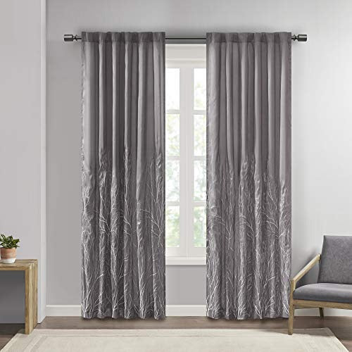 Madison Park Andora Embroidered Back Tab Fabric Single Window Living Room, Transitional Rod Pocket Light Curtain for Bedroom, 1-Panel Pack, 50 x 84, Grey