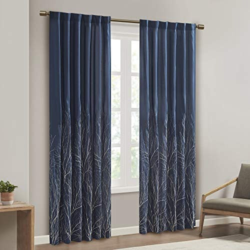 Madison Park Andora Embroidered Back Tab Fabric Single Window Living Room, Transitional Rod Pocket Light Curtain for Bedroom, 1-Panel Pack, 50 x 84, Navy