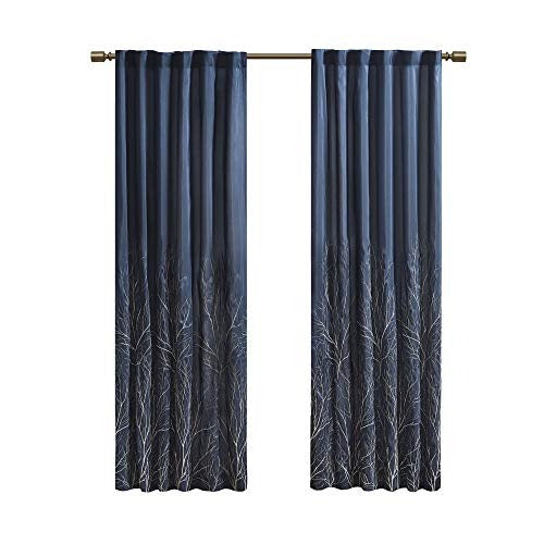 Madison Park Andora Embroidered Back Tab Fabric Single Window Living Room, Transitional Rod Pocket Light Curtain for Bedroom, 1-Panel Pack, 50 x 95, Navy