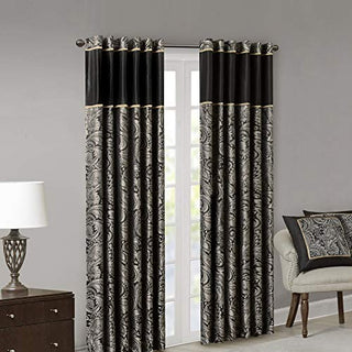 Madison Park Aubrey Faux Silk Privacy Curtain Panel, Rod Pocket And Back Tabs, Black