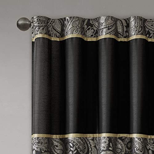 Madison Park Aubrey Faux Silk Paisley Jacquard, Rod Pocket Curtain with Privacy Lining for Living Room, Kitchen, Bedroom and Dorm, 50 in x 108 in, Black