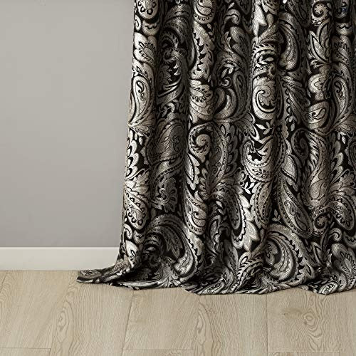 Madison Park Aubrey Faux Silk Paisley Jacquard, Rod Pocket Curtain with Privacy Lining for Living Room, Kitchen, Bedroom and Dorm, 50 in x 108 in, Black