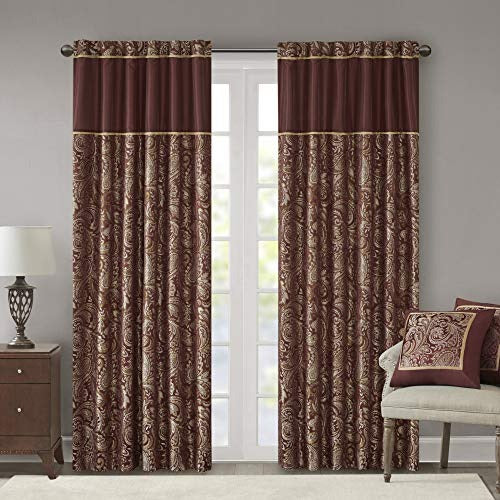Madison Park Aubrey Faux Silk Paisley Jacquard, Rod Pocket Curtain with Privacy Lining for Living Room, Kitchen, Bedroom and Dorm, 50 in x 108 in, Burgundy