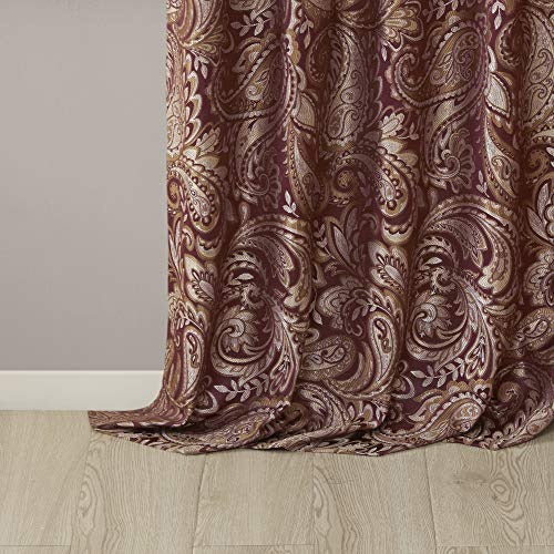 Madison Park Aubrey Faux Silk Paisley Jacquard, Rod Pocket Curtain with Privacy Lining for Living Room, Kitchen, Bedroom and Dorm, 50 in x 108 in, Burgundy