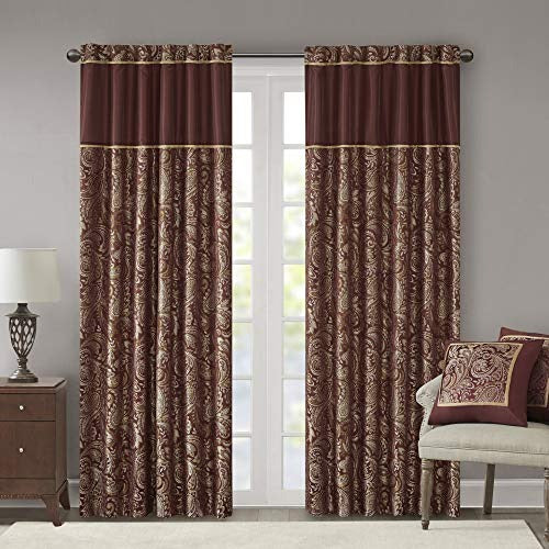 Madison Park Aubrey Faux Silk Paisley Jacquard, Rod Pocket Curtain with Privacy Lining for Living Room, Kitchen, Bedroom and Dorm, 50 in x 84 in, Burgundy