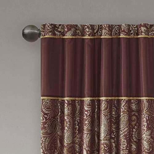 Madison Park Aubrey Faux Silk Paisley Jacquard, Rod Pocket Curtain with Privacy Lining for Living Room, Kitchen, Bedroom and Dorm, 50 in x 95 in, Burgundy