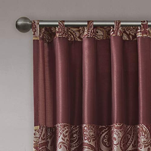 Madison Park Aubrey Faux Silk Paisley Jacquard, Rod Pocket Curtain with Privacy Lining for Living Room, Kitchen, Bedroom and Dorm, 50 in x 95 in, Burgundy