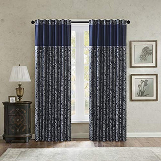 Madison Park Aubrey Faux Silk Privacy Curtain Panel, Rod Pocket And Back Tabs, Navy