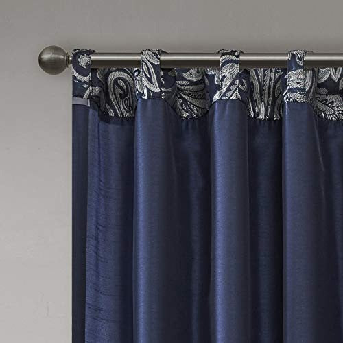 Madison Park - MP40-4896 Aubrey Faux Silk Paisley Jacquard, Rod Pocket Curtain with Privacy Lining for Living Room, Kitchen, Bedroom and Dorm, 50" x 84", Navy