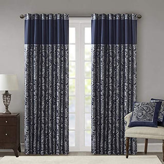 Madison Park Aubrey Faux Silk Privacy Curtain Panel, Rod Pocket And Back Tabs, Navy