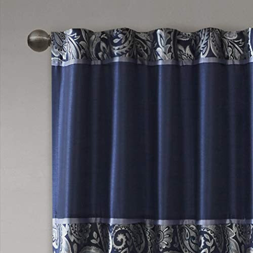 Madison Park Aubrey Faux Silk Paisley Jacquard, Rod Pocket Curtain with Privacy Lining for Living Room, Kitchen, Bedroom and Dorm, 50 in x 95 in, Navy