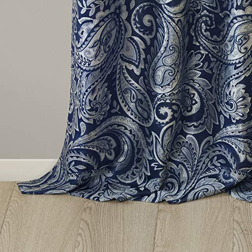 Madison Park Aubrey Faux Silk Paisley Jacquard, Rod Pocket Curtain with Privacy Lining for Living Room, Kitchen, Bedroom and Dorm, 50 in x 95 in, Navy