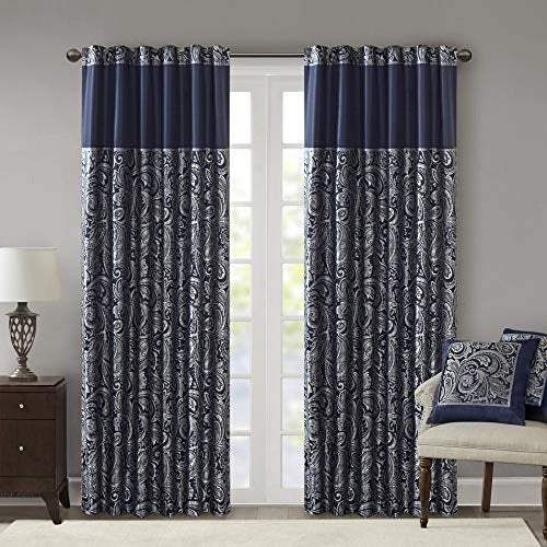 Madison Park Aubrey Faux Silk Paisley Jacquard, Rod Pocket Curtain with Privacy Lining for Living Room, Kitchen, Bedroom and Dorm, 50 in x 108 in, Navy