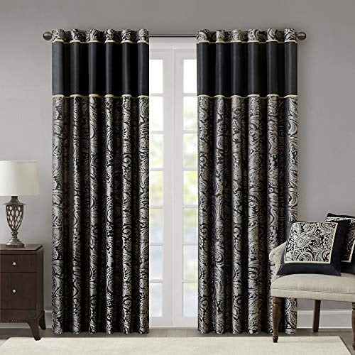 Black Curtains For Living Room , Traditional Back Tab Curtains For Bedroom , Aubrey Jacquard Rod Pocket Window Curtains , 50x84", 2-Panel Pack