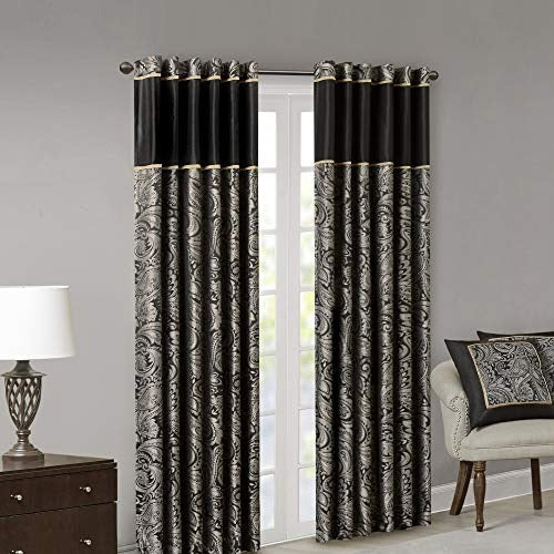 Madison Park Aubrey Faux Silk Paisley Jacquard, Rod Pocket Curtain With Privacy Lining For Living Room, Kitchen, Bedroom and Dorm, 50" x 95", Black