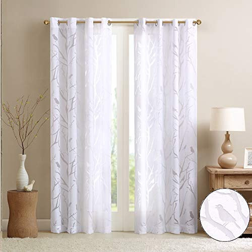Madison Park Semi Sheer Single Curtain Modern Contemporary Botanical Print Out Design, Grommet Top, Window Drape for Living Room, Bedroom and Dorm, 50x63, Bird White