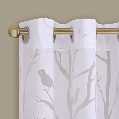 Madison Park Semi Sheer Single Curtain Modern Contemporary Botanical Print Out Design, Grommet Top, Window Drape for Living Room, Bedroom and Dorm, 50x63, Bird White