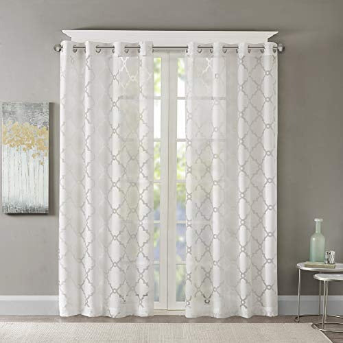 Madison Park Eden Single Curtain for Bedroom, Modern Contemporary Light Sheers for Living Room, Geometric Pattern with Grommet, 50x63, White