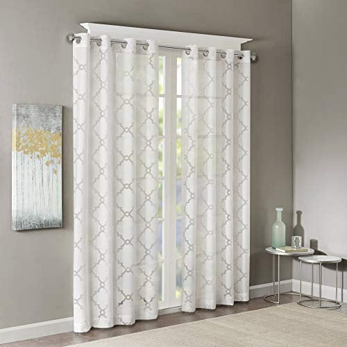 Madison Park Eden Single Curtain for Bedroom, Modern Contemporary Light Sheers for Living Room, Geometric Pattern with Grommet, 50x95, White