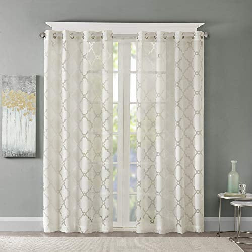 Madison Park Eden Single Curtain for Bedroom, Modern Contemporary Light Sheers for Living Room, Geometric Pattern with Grommet, 50x63, Ivory