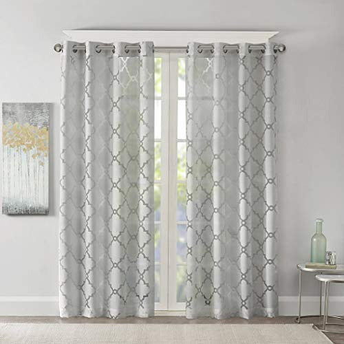 Madison Park Eden Sheer Single Curtain for Bedroom, Modern Contemporary Light Sheers for Living Room, Geometric Pattern with Grommet, 50x63, Grey