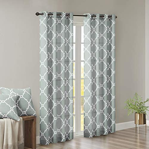 Madison Park Saratoga Single Window Curtain Light Filtering Fretwork Print 1 Panel Grommet Top Drape/Valance for Living Room Bedroom and Dorm, 50x63, Seafoam