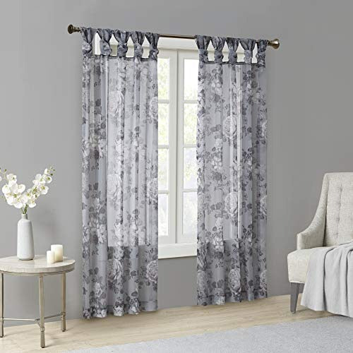 Madison Park Simone Floral Design Sheer Single Window Curtain Voile Privacy Drape for Bedroom, Livingroom, 50 in x 84 in, Grey