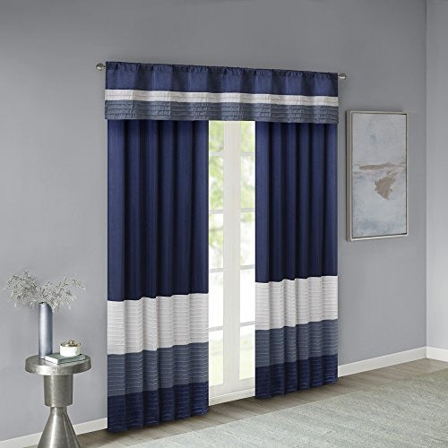 Madison Park Amherst Single Panel Faux Silk Rod Pocket Curtain With Privacy Lining for Living Room, Window Drapes for Bedroom and Dorm, 50x18, Navy