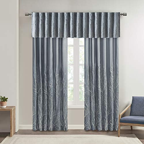 Andora Embroidered-Rod Pocket Valance , Tree Small Faux Silk Valances for Window , 50X18" , Blue