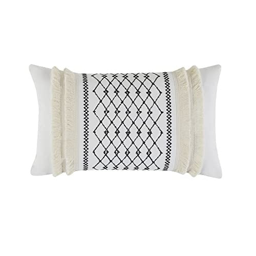 Bea Embroidered Cotton Accent Throw Pillow , Mid-Century Geometric Fashion Oblong Decorative Pillow , 12"W X 20"L , Ivory