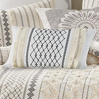 Bea Embroidered Cotton Accent Throw Pillow , Mid-Century Geometric Fashion Oblong Decorative Pillow , 12"W X 20"L , Ivory