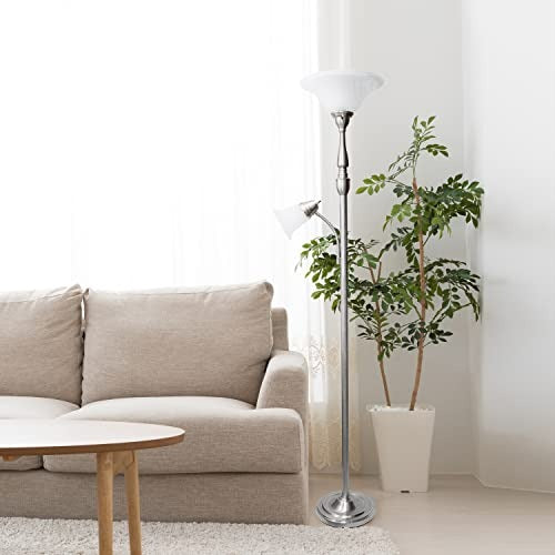 Lalia Home Torchiere Floor Lamp with Reading Light and Marble Glass Shades, Brushed Nickel