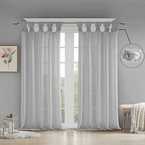 Madison Park Rosette Floral Embellished Cuff Tab Top Solid Single Window Treatments Curtain Panel Drape for Bedroom Living Room and Dorm, 50"x95", Grey