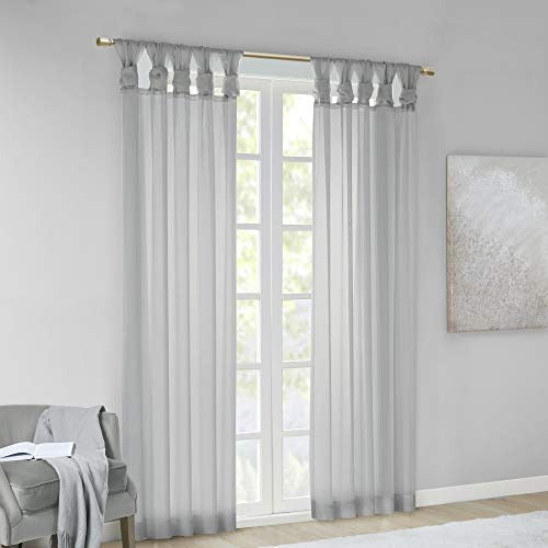 Madison Park DIY Twisted Tab Sheer Window Curtain Panel Pair - Voile Privacy Drape for Bedroom, Livingroom, 50 in x 84 in, Light Grey 2 Piece