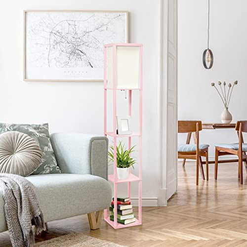 Lalia Home Column Shelf Floor Lamp with Linen Shade, Light Pink