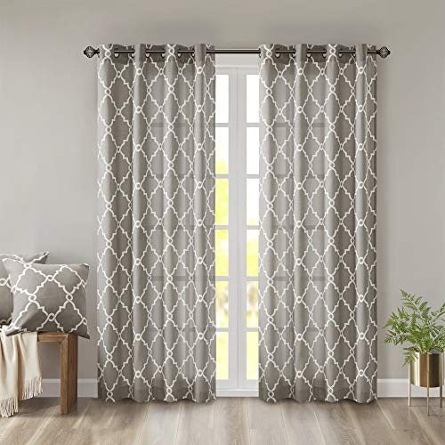 Madison Park Saratoga Single Window Curtain Light Filtering Fretwork Print 1 Panel Grommet Top Drape/Valance for Living Room Bedroom and Dorm, 50 x 84 in, Grey