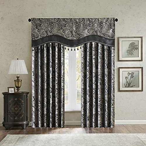 Madison Park Faux Silk Paisley Jacquard, Rod Pocket Curtain with Privacy Lining for Living Room, Kitchen, Bedroom and Dorm, 50 in x 18 in, Black Bead Trim