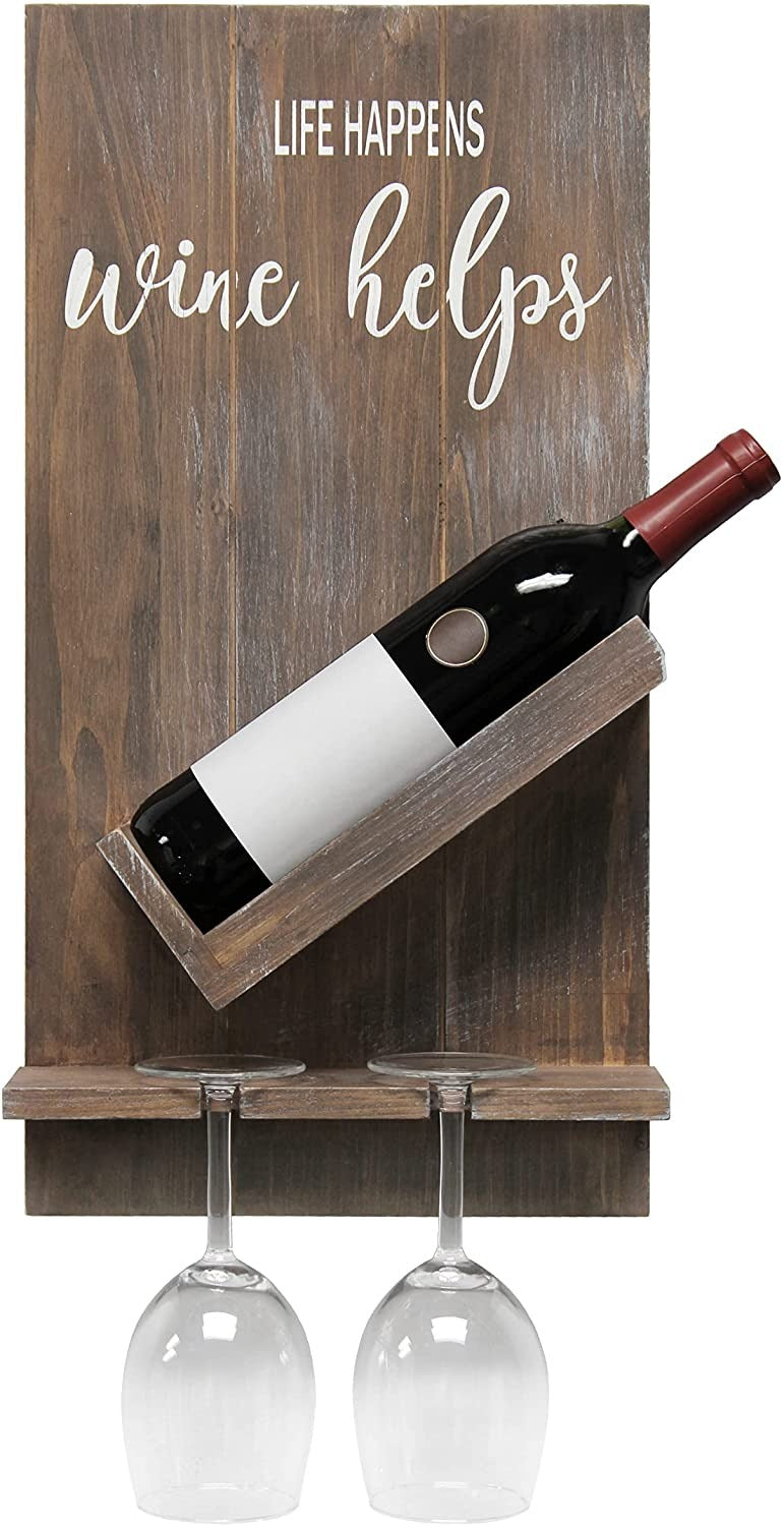 HomePlace Wall Mounted Wooden “Life Happens Wine Helps” Wine Bottle Shelf with Glass Holder, White Wash