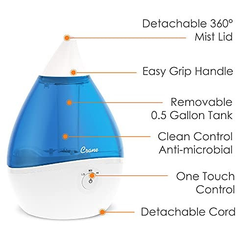 Crane Droplet Ultrasonic Cool Mist Humidifier, 0.5 Gallon, 250 Sq Ft Coverage, Optional Vapor Pad Slot, Air Humidifier for Plants Home Bedroom Baby Nursery and Office, White and Blue