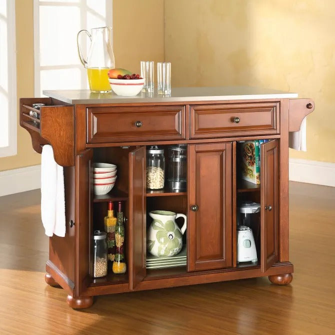 Crosley Furniture Alexandria Full Size Kitchen Island with Stainless Steel Top, Classic Cherry