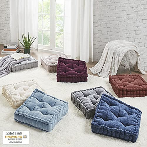 Intelligent Design Azza Floor Pillow Square Pouf Chenille Tufted with Scalloped Edge Design Hypoallergenic Bench/Chair Cushion, 1 Count (Pack of 1), Grey