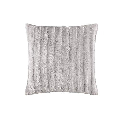 Madison Park Duke Luxury Faux Fur Square Throw Pillow Premium Soft Cozy for Bed, Coach or Sofa, 20x20, Grey