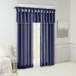 Madison Park Emilia Faux Silk Valance with Beads, Navy, 50 x 26 in