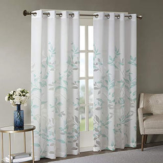 Madison Park Cecily Sheer Curtain Panel, Grommet Top, Leaves Aqua, 50 x 84 in