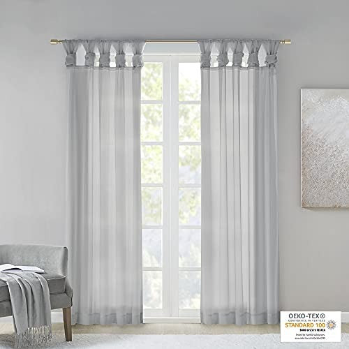Madison Park DIY Twisted Tab Sheer Window Curtain Panel Pair - Voile Privacy Drape for Bedroom, Livingroom, 50 in x 95 in, Light Grey 2 Piece